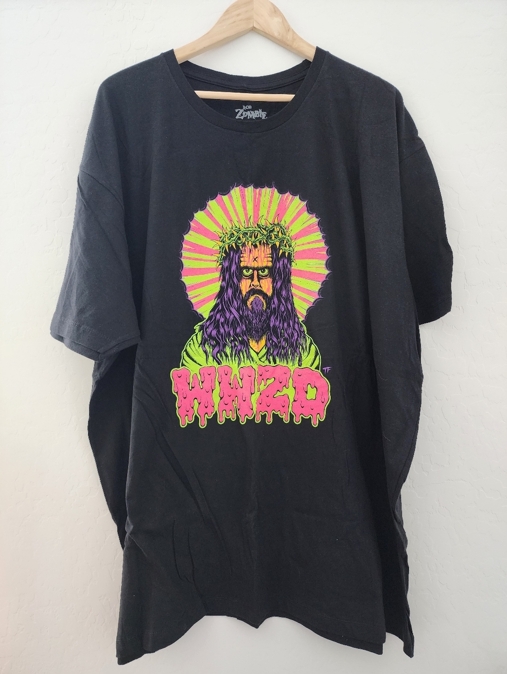 New Rob Zombie WWZD Black Graphic Tee with Neon Artwork, 4XL